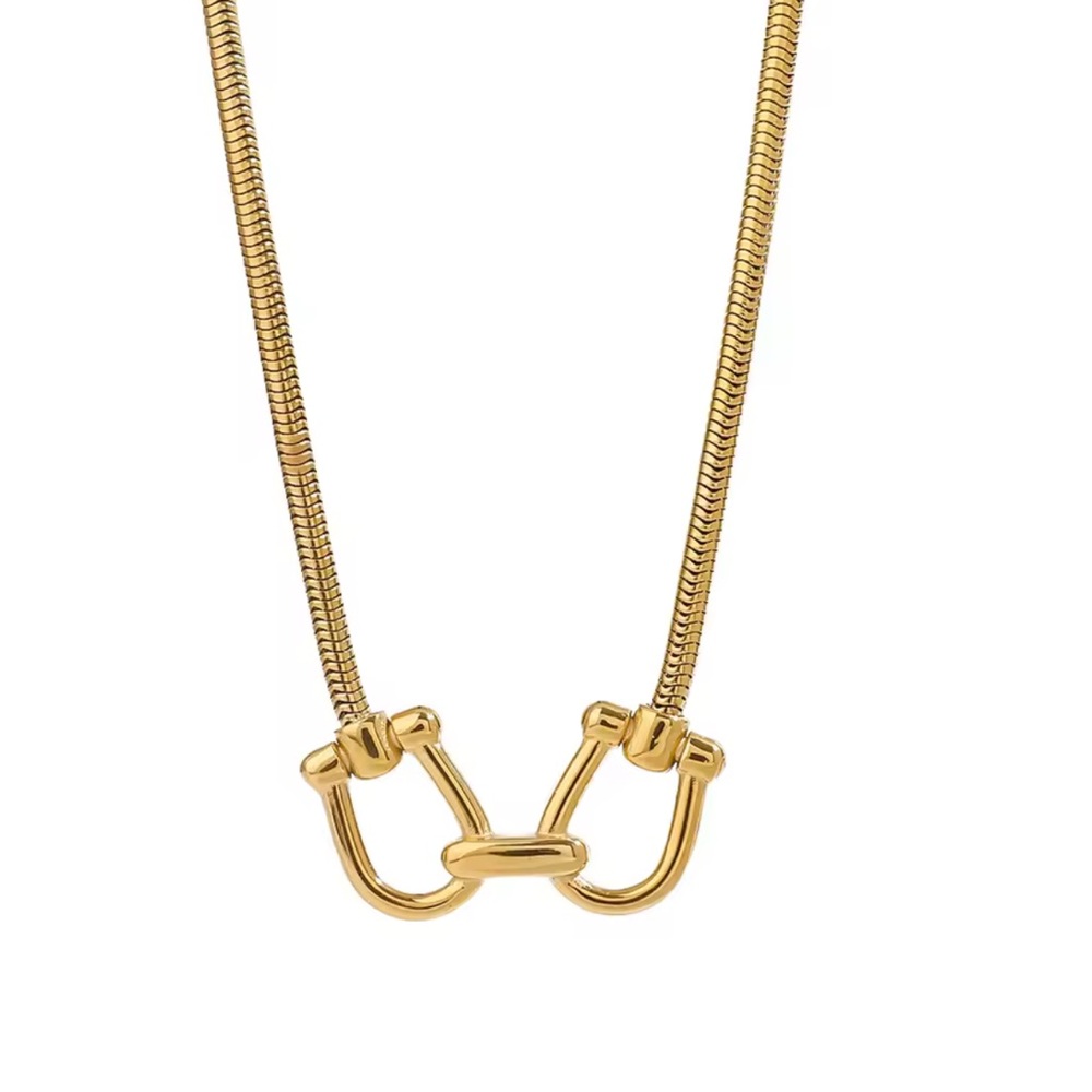 Gold Snake Chain Horse Bit Carabiner Double Clasp Necklace Brand New - Picture 2 of 3